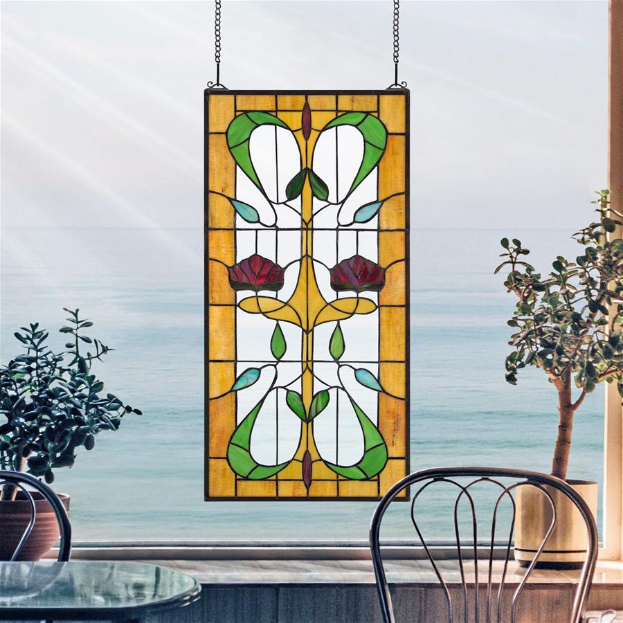 Design Toscano Ruskin Rose Two Flower Tiffany Style Stained Glass Window Ebay